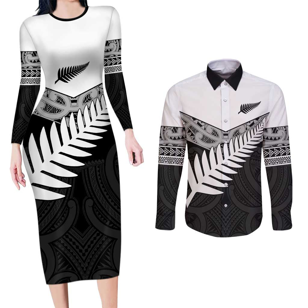 New Zealand Silver Fern Couples Matching Long Sleeve Bodycon Dress and Long Sleeve Button Shirt Maori Koru Mixed Taniko Pattern