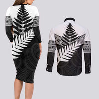 New Zealand Silver Fern Couples Matching Long Sleeve Bodycon Dress and Long Sleeve Button Shirt Maori Koru Mixed Taniko Pattern