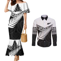 New Zealand Silver Fern Couples Matching Mermaid Dress and Long Sleeve Button Shirt Maori Koru Mixed Taniko Pattern