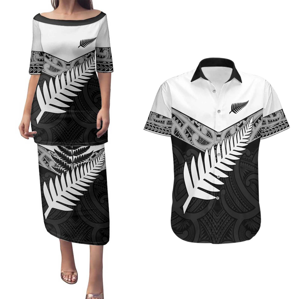 New Zealand Silver Fern Couples Matching Puletasi and Hawaiian Shirt Maori Koru Mixed Taniko Pattern