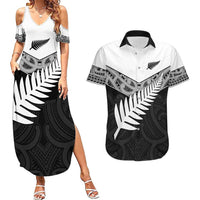 New Zealand Silver Fern Couples Matching Summer Maxi Dress and Hawaiian Shirt Maori Koru Mixed Taniko Pattern