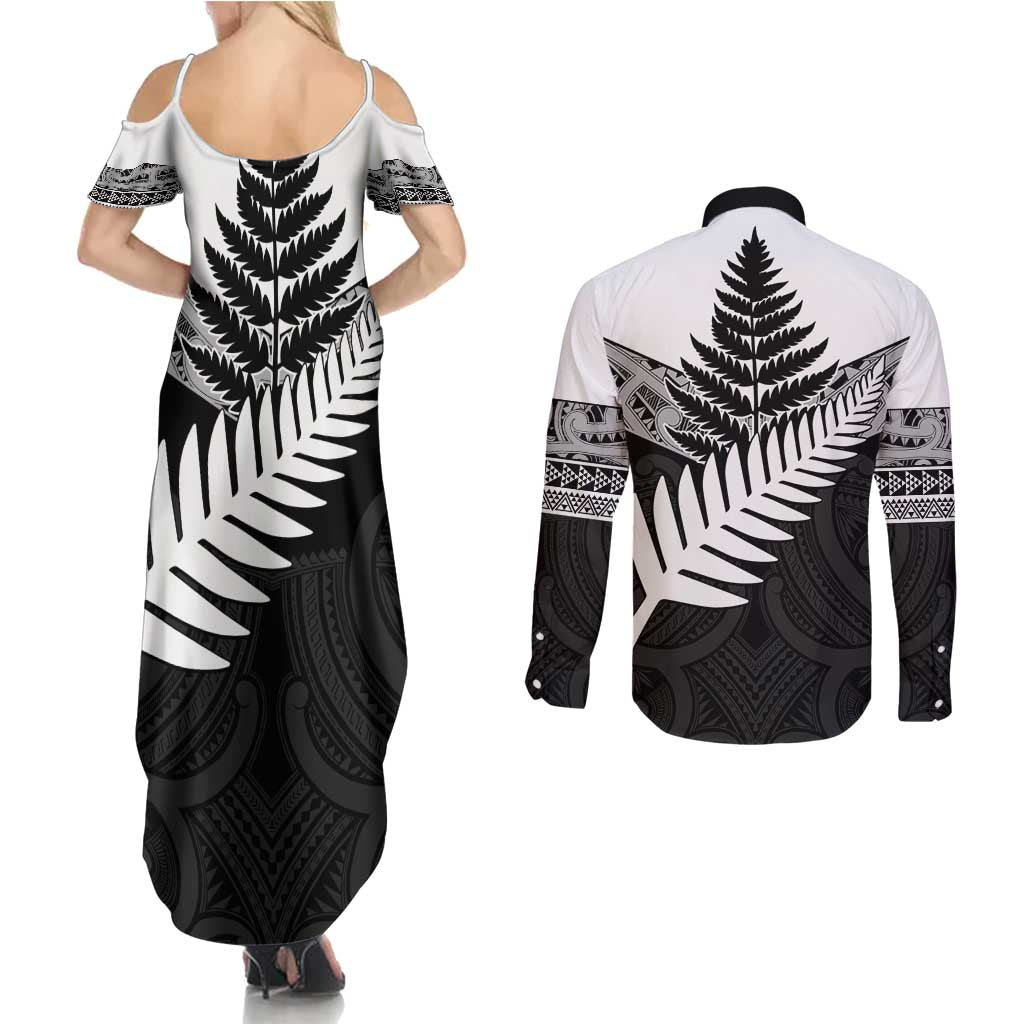 New Zealand Silver Fern Couples Matching Summer Maxi Dress and Long Sleeve Button Shirt Maori Koru Mixed Taniko Pattern