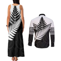 New Zealand Silver Fern Couples Matching Tank Maxi Dress and Long Sleeve Button Shirt Maori Koru Mixed Taniko Pattern