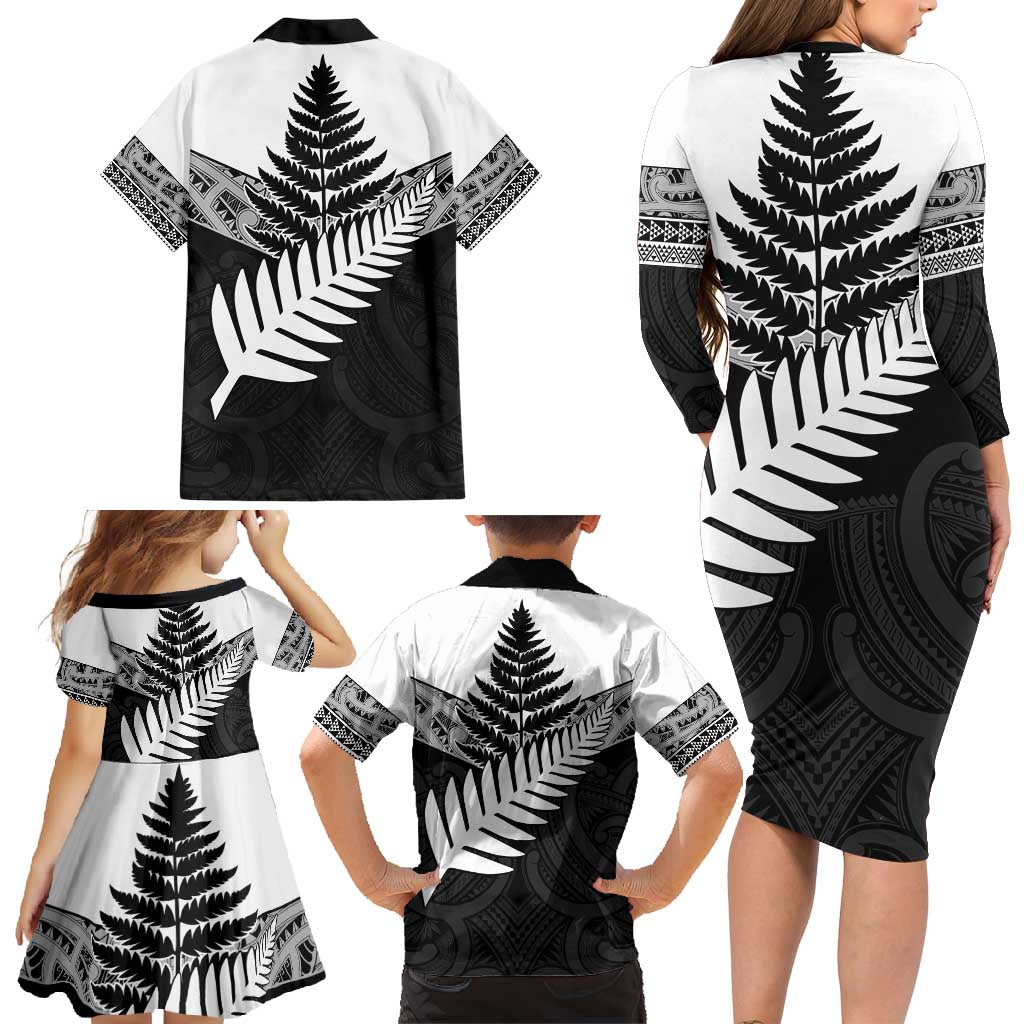 New Zealand Silver Fern Family Matching Long Sleeve Bodycon Dress and Hawaiian Shirt Maori Koru Mixed Taniko Pattern