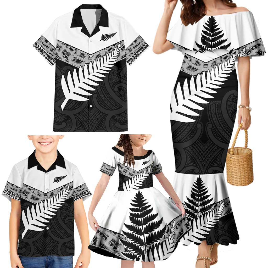 New Zealand Silver Fern Family Matching Mermaid Dress and Hawaiian Shirt Maori Koru Mixed Taniko Pattern