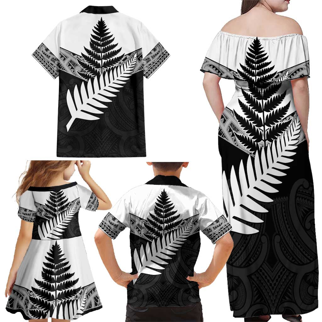 New Zealand Silver Fern Family Matching Off Shoulder Maxi Dress and Hawaiian Shirt Maori Koru Mixed Taniko Pattern