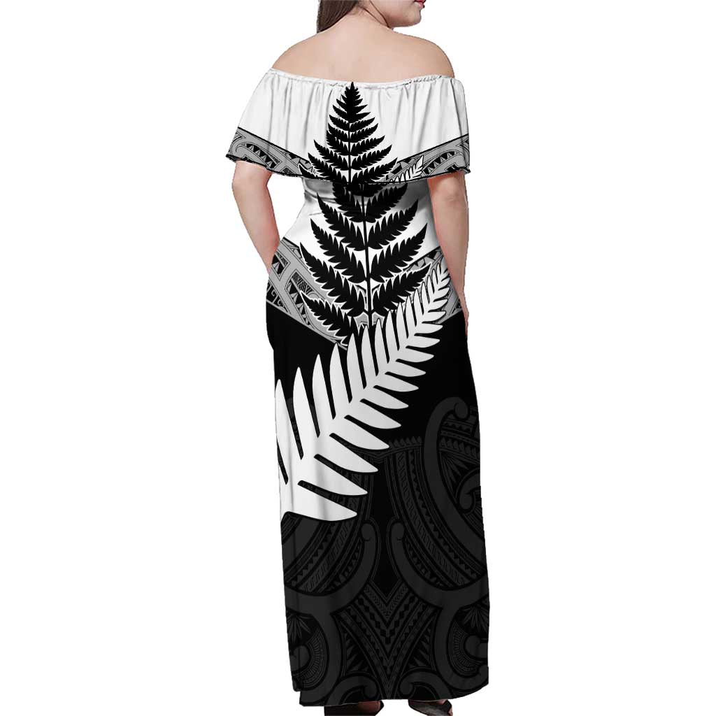 New Zealand Silver Fern Family Matching Off Shoulder Maxi Dress and Hawaiian Shirt Maori Koru Mixed Taniko Pattern