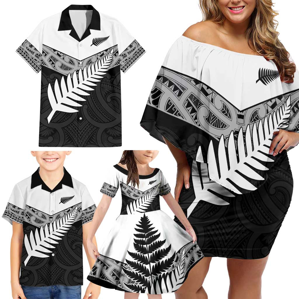 New Zealand Silver Fern Family Matching Off Shoulder Short Dress and Hawaiian Shirt Maori Koru Mixed Taniko Pattern