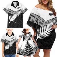 New Zealand Silver Fern Family Matching Off Shoulder Short Dress and Hawaiian Shirt Maori Koru Mixed Taniko Pattern