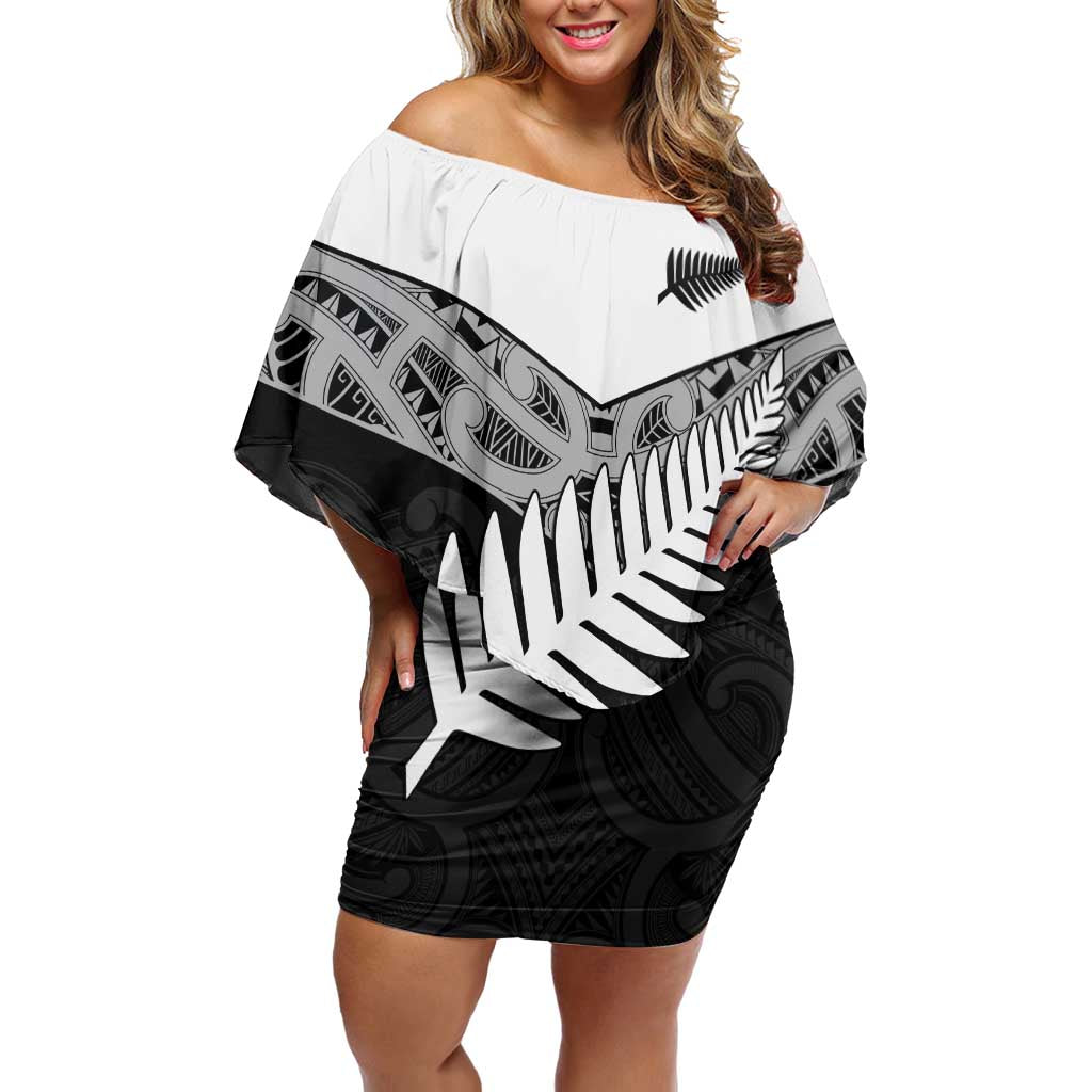 New Zealand Silver Fern Family Matching Off Shoulder Short Dress and Hawaiian Shirt Maori Koru Mixed Taniko Pattern