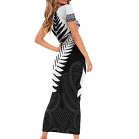 New Zealand Silver Fern Family Matching Short Sleeve Bodycon Dress and Hawaiian Shirt Maori Koru Mixed Taniko Pattern