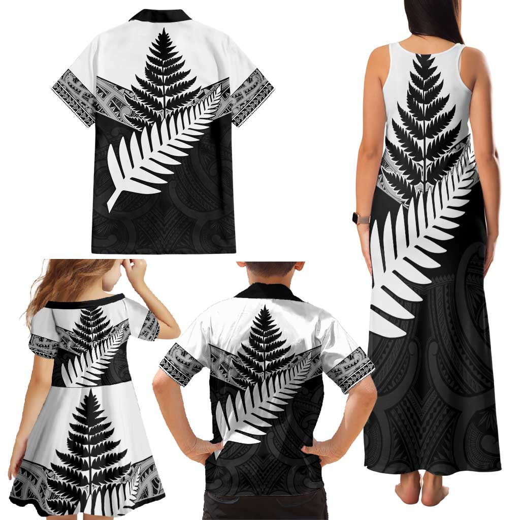 New Zealand Silver Fern Family Matching Tank Maxi Dress and Hawaiian Shirt Maori Koru Mixed Taniko Pattern