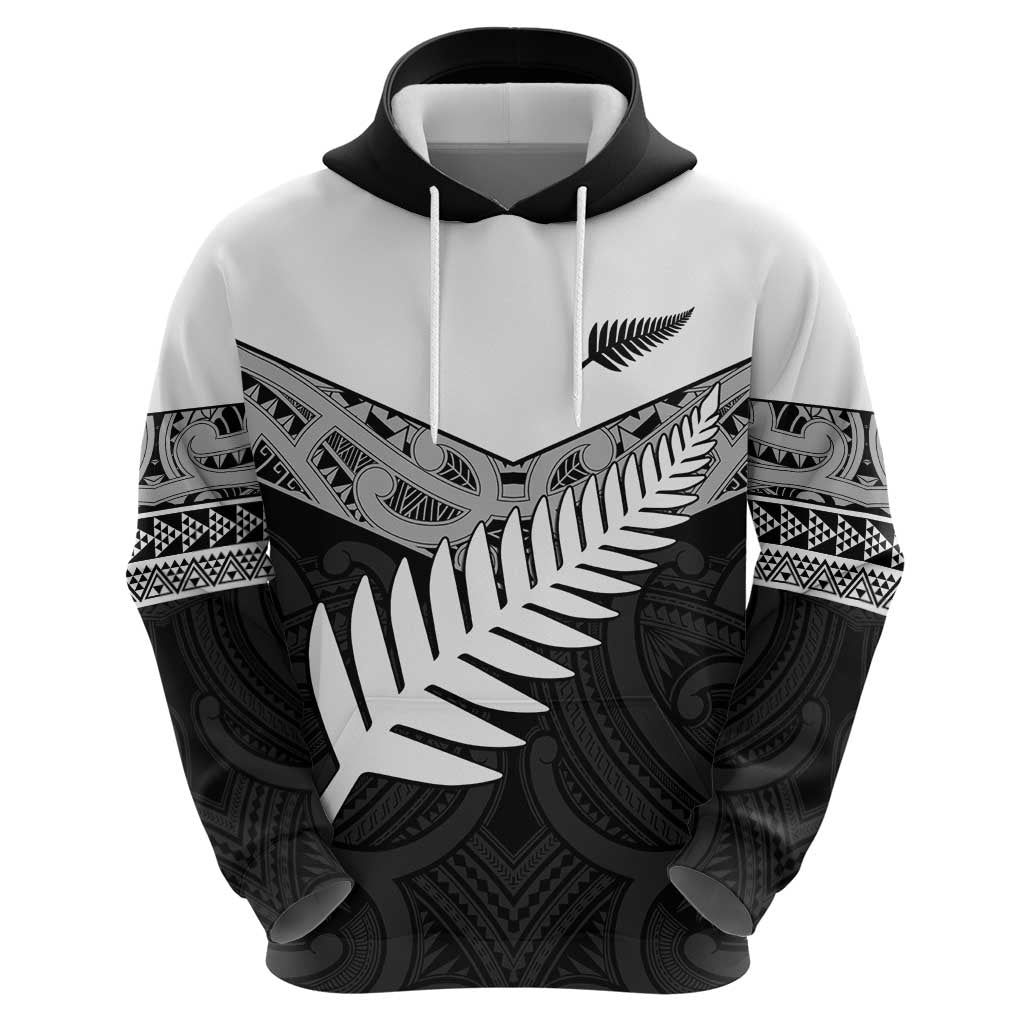 New Zealand Silver Fern Hoodie Maori Koru Mixed Taniko Pattern