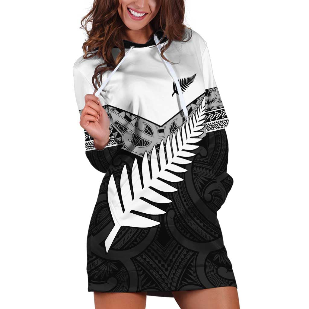New Zealand Silver Fern Hoodie Dress Maori Koru Mixed Taniko Pattern