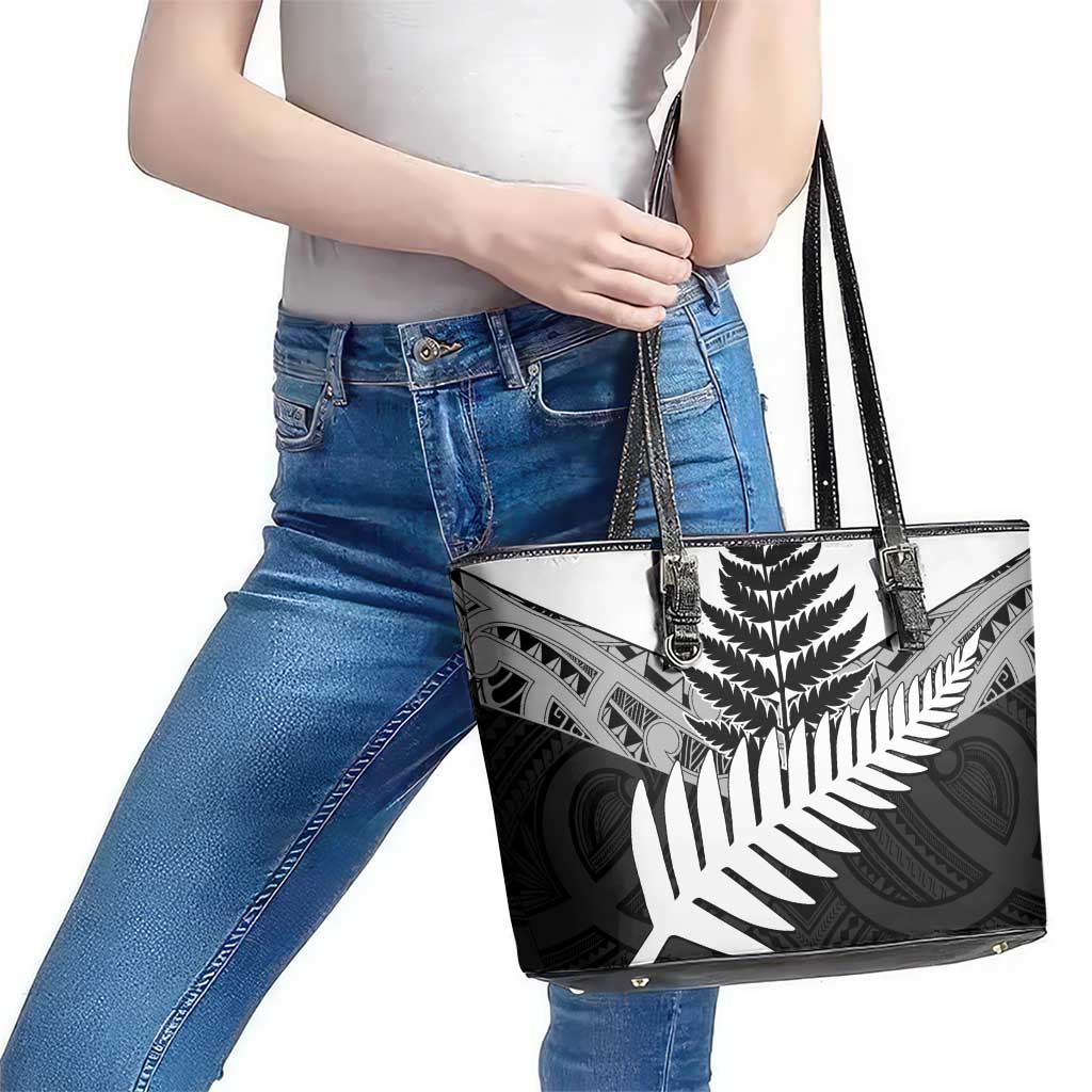 New Zealand Silver Fern Leather Tote Bag Maori Koru Mixed Taniko Pattern