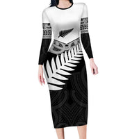 New Zealand Silver Fern Long Sleeve Bodycon Dress Maori Koru Mixed Taniko Pattern