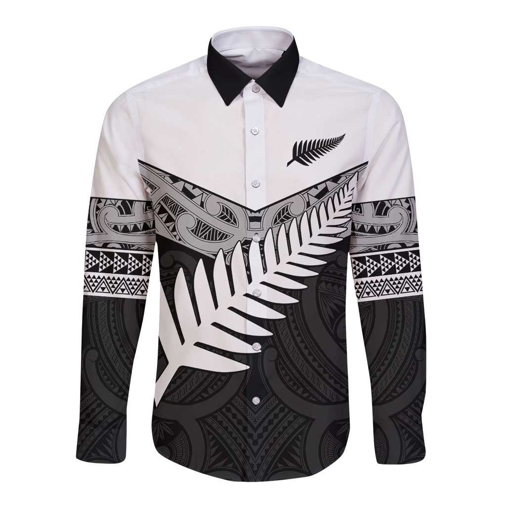 New Zealand Silver Fern Long Sleeve Button Shirt Maori Koru Mixed Taniko Pattern