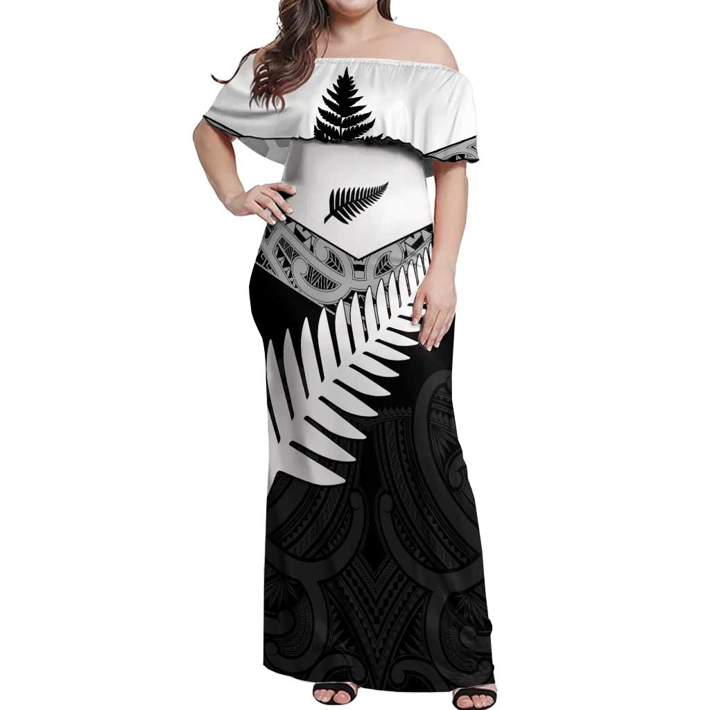 New Zealand Silver Fern Off Shoulder Maxi Dress Maori Koru Mixed Taniko Pattern