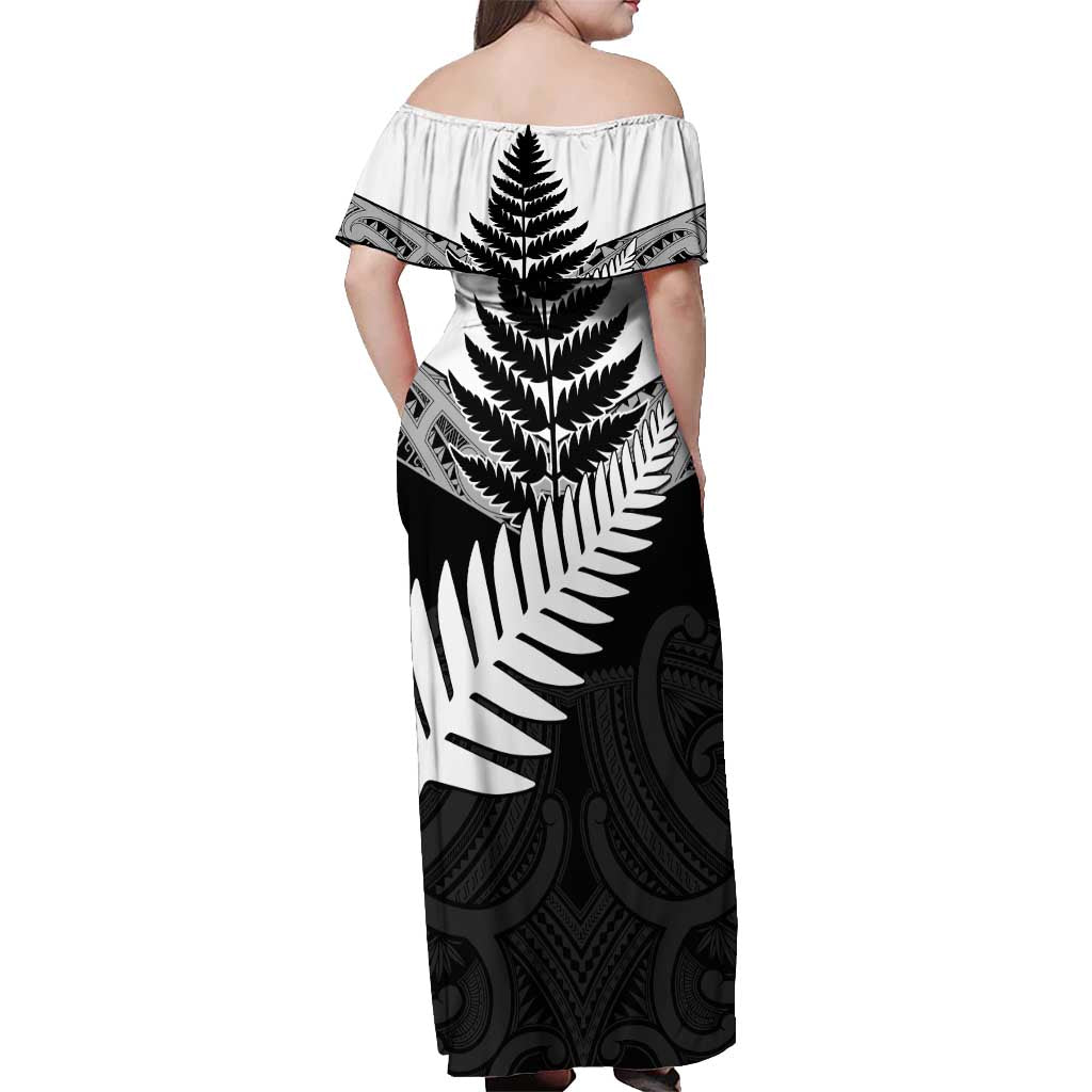 New Zealand Silver Fern Off Shoulder Maxi Dress Maori Koru Mixed Taniko Pattern