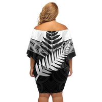 New Zealand Silver Fern Off Shoulder Short Dress Maori Koru Mixed Taniko Pattern