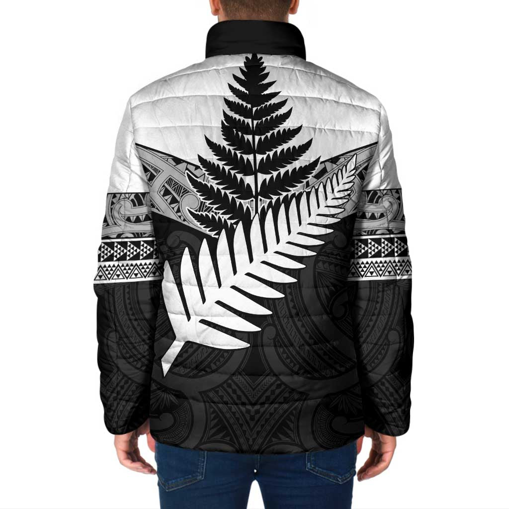 New Zealand Silver Fern Padded Jacket Maori Koru Mixed Taniko Pattern - Polynesian Pride