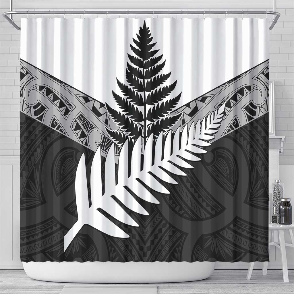 New Zealand Silver Fern Shower Curtain Maori Koru Mixed Taniko Pattern