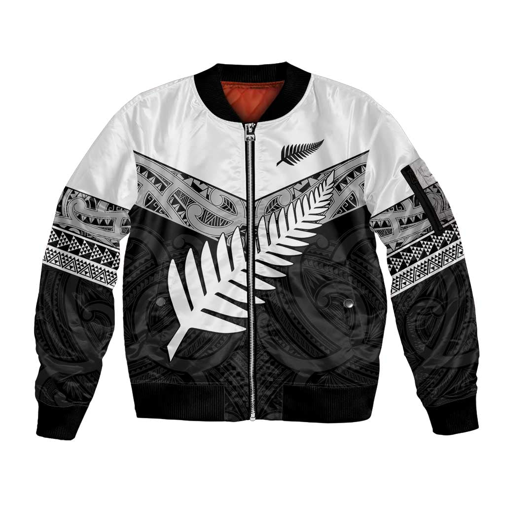 New Zealand Silver Fern Sleeve Zip Bomber Jacket Maori Koru Mixed Taniko Pattern