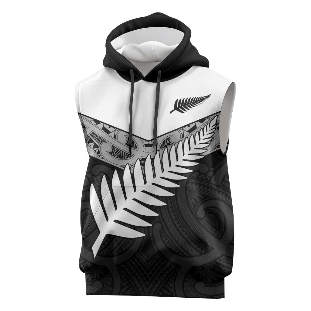New Zealand Silver Fern Sleeveless Hoodie Maori Koru Mixed Taniko Pattern - Polynesian Pride