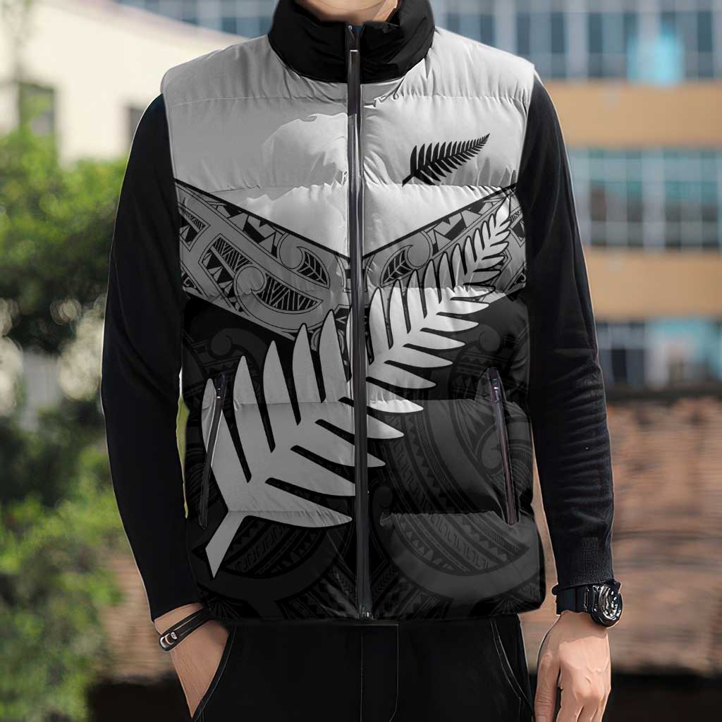 New Zealand Silver Fern Sleeveless Puffer Jacket Maori Koru Mixed Taniko Pattern - Polynesian Pride