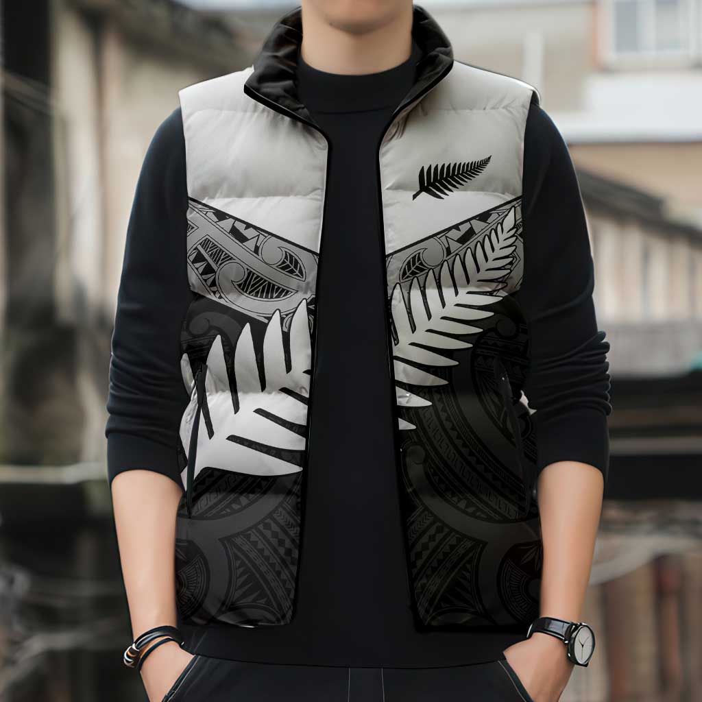 New Zealand Silver Fern Sleeveless Puffer Jacket Maori Koru Mixed Taniko Pattern - Polynesian Pride