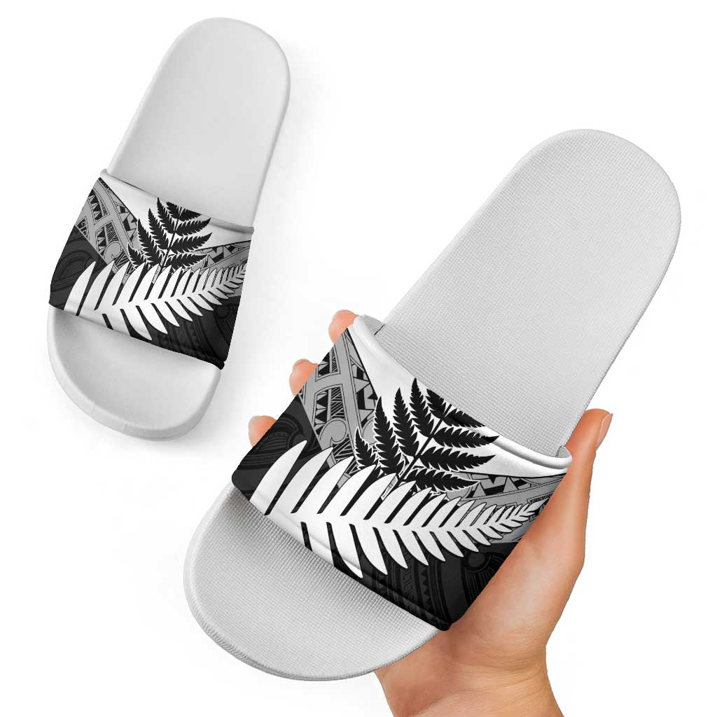 New Zealand Silver Fern Slide Sandals Maori Koru Mixed Taniko Pattern - Polynesian Pride