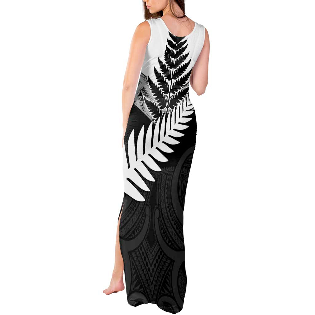 New Zealand Silver Fern Tank Maxi Dress Maori Koru Mixed Taniko Pattern