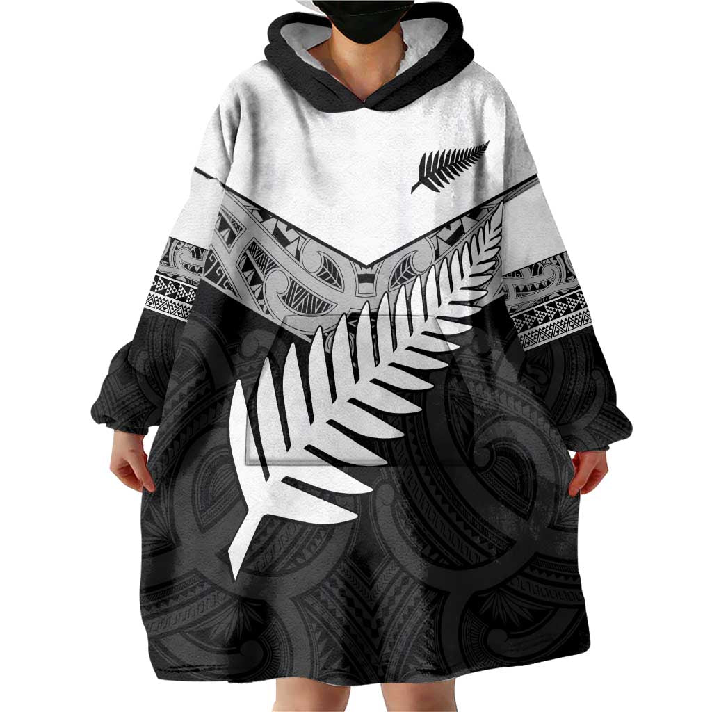 New Zealand Silver Fern Wearable Blanket Hoodie Maori Koru Mixed Taniko Pattern