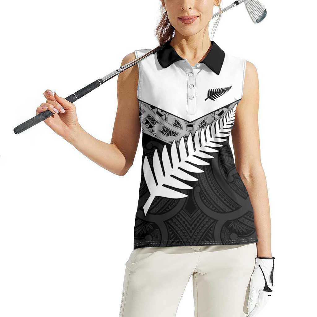 New Zealand Silver Fern Women Sleeveless Polo Shirt Maori Koru Mixed Taniko Pattern