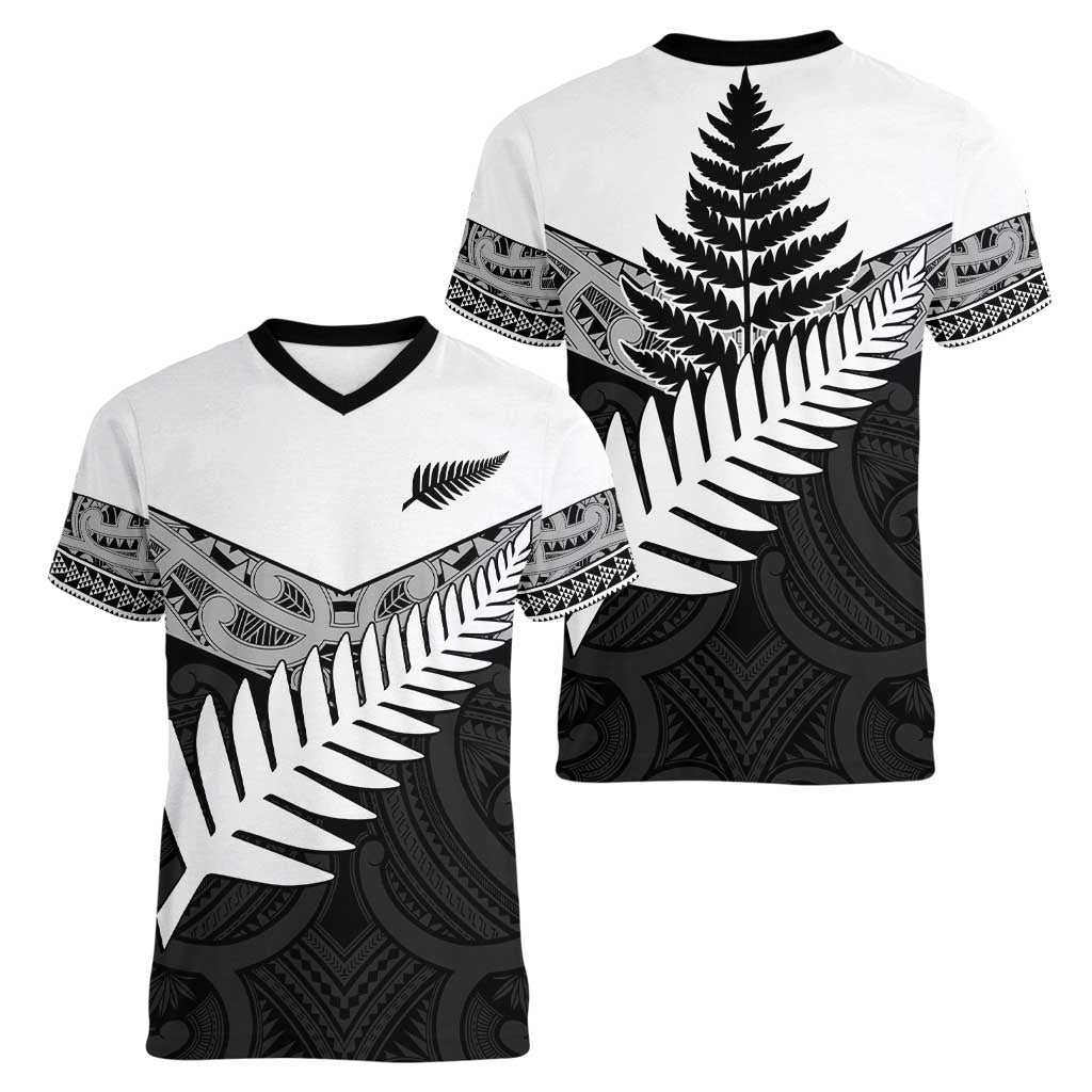 New Zealand Silver Fern Women V-Neck T-Shirt Maori Koru Mixed Taniko Pattern