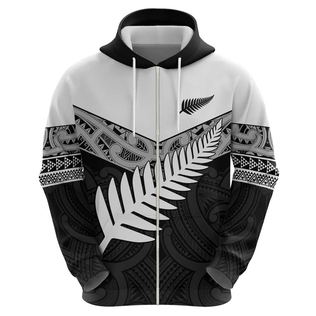 New Zealand Silver Fern Zip Hoodie Maori Koru Mixed Taniko Pattern