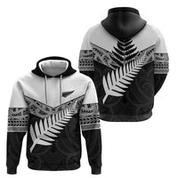New Zealand Silver Fern Zip Hoodie Maori Koru Mixed Taniko Pattern