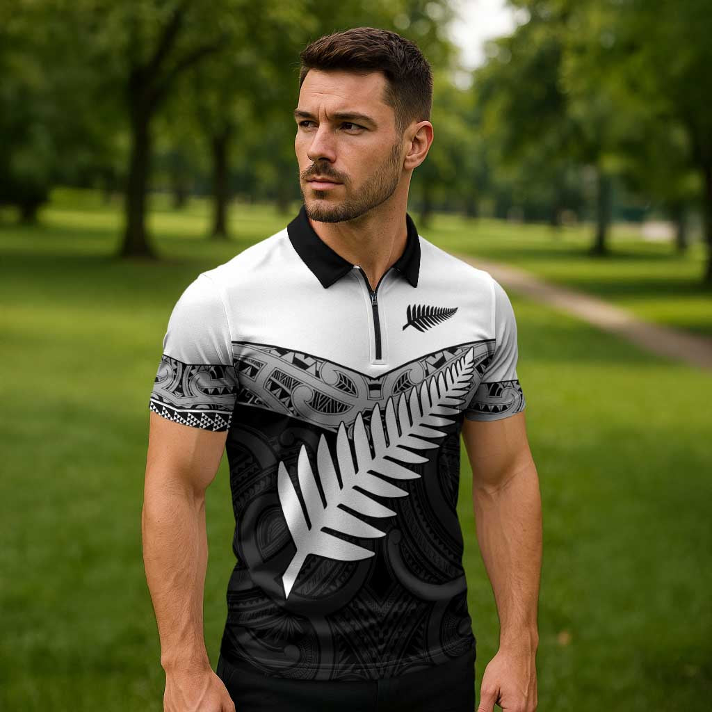 New Zealand Silver Fern Zipper Polo Shirt Maori Koru Mixed Taniko Pattern - Polynesian Pride