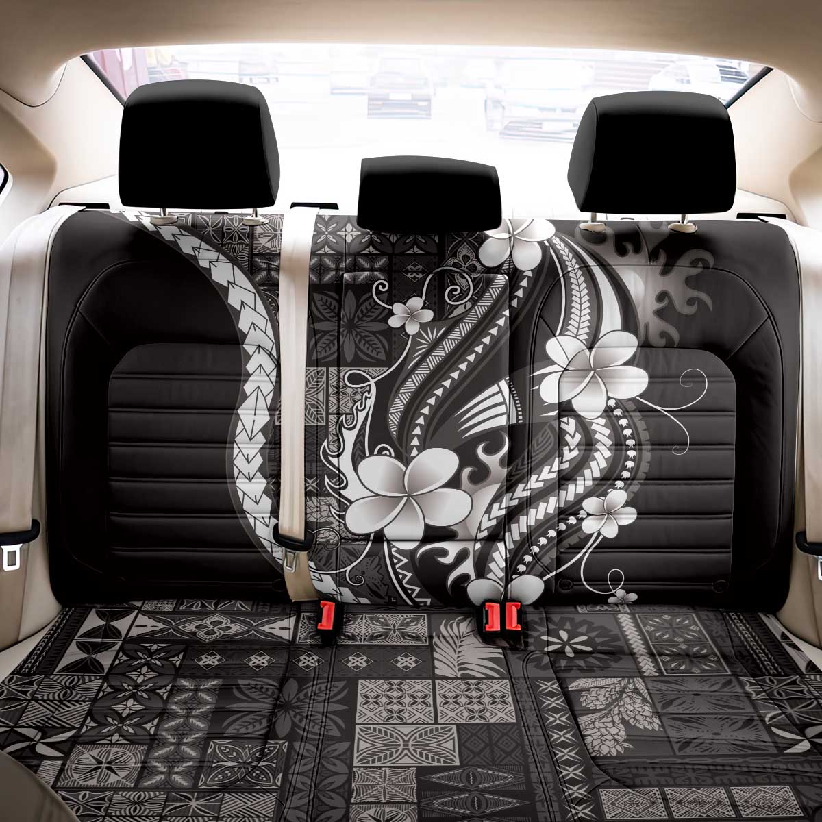 Samoa Siapo Tribal Pattern Back Car Seat Cover Black Polynesian Plumeria Tapa Motif