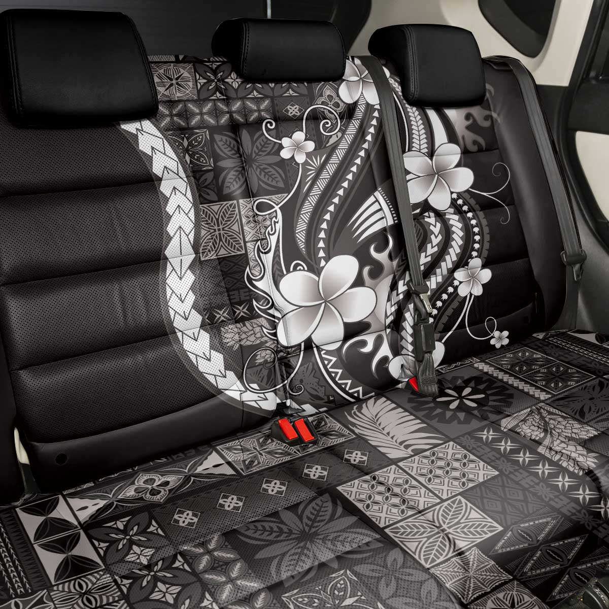Samoa Siapo Tribal Pattern Back Car Seat Cover Black Polynesian Plumeria Tapa Motif