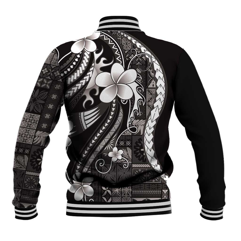 Samoa Siapo Tribal Pattern Baseball Jacket Black Polynesian Plumeria Tapa Motif LT9 - Polynesian Pride