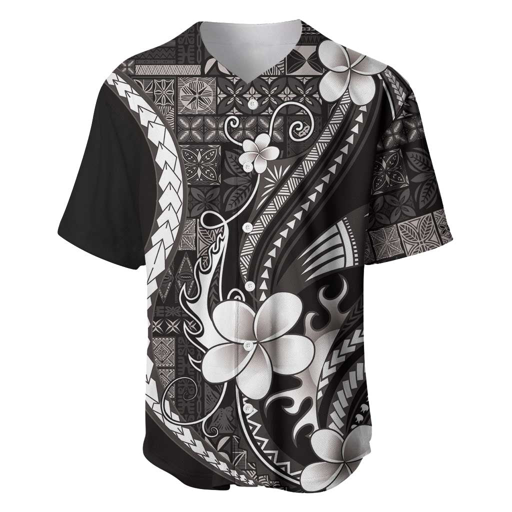 Samoa Siapo Tribal Pattern Baseball Jersey Black Polynesian Plumeria Tapa Motif LT9 Black - Polynesian Pride