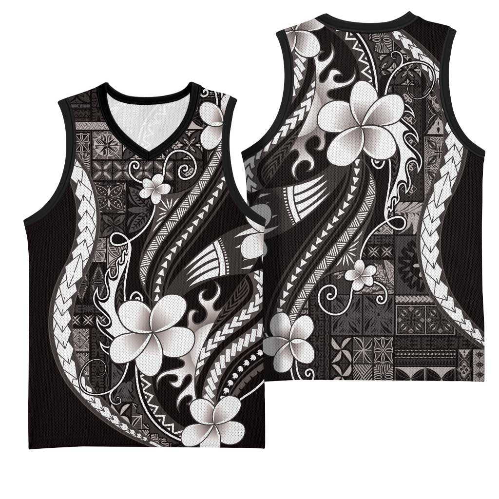 Samoa Siapo Tribal Pattern Basketball Jersey Black Polynesian Plumeria Tapa Motif LT9 - Polynesian Pride