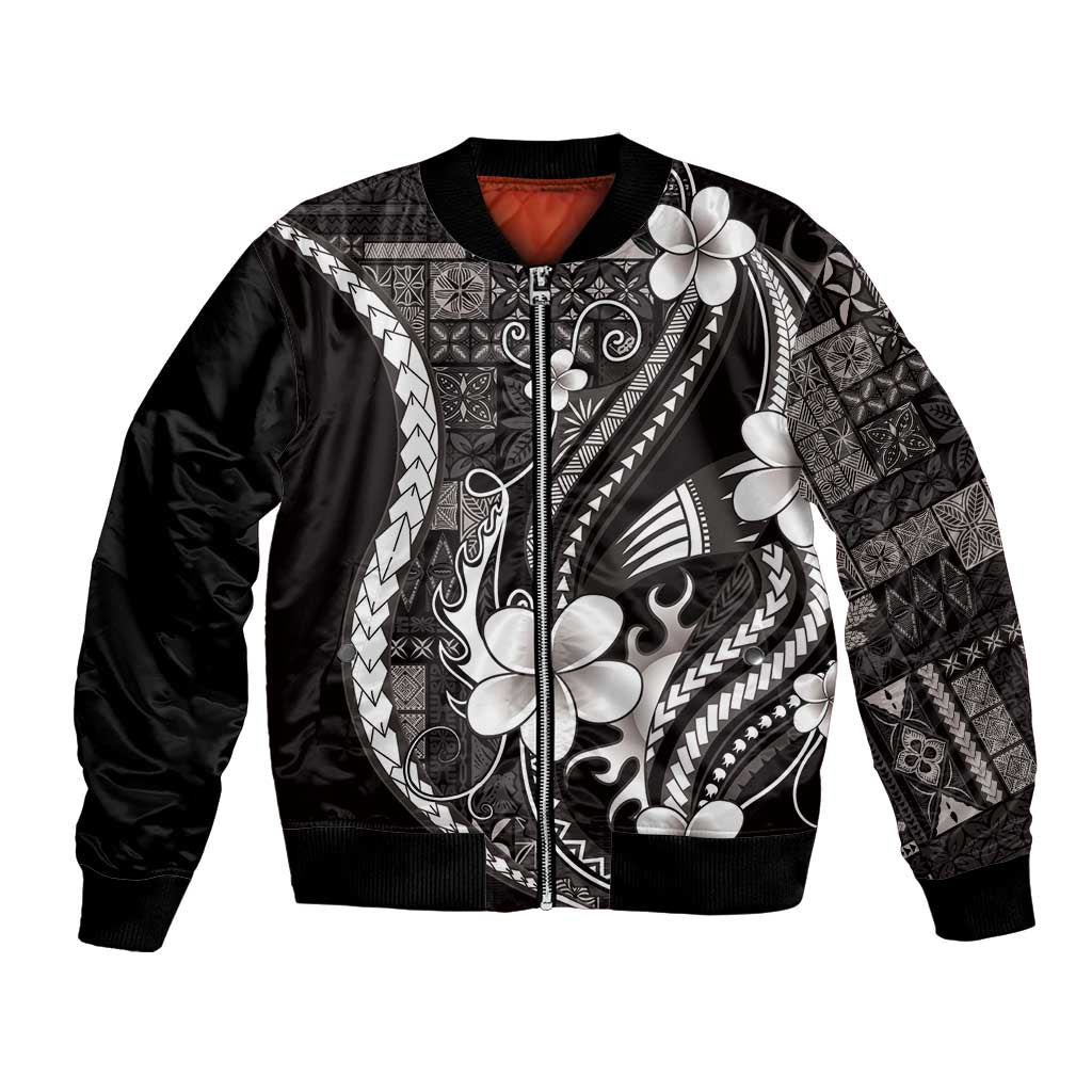 Samoa Siapo Tribal Pattern Bomber Jacket Black Polynesian Plumeria Tapa Motif LT9 Unisex Black - Polynesian Pride