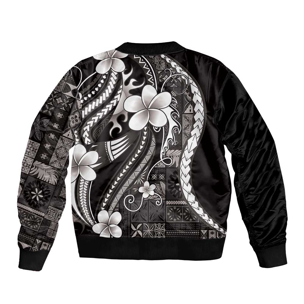 Samoa Siapo Tribal Pattern Bomber Jacket Black Polynesian Plumeria Tapa Motif LT9 - Polynesian Pride