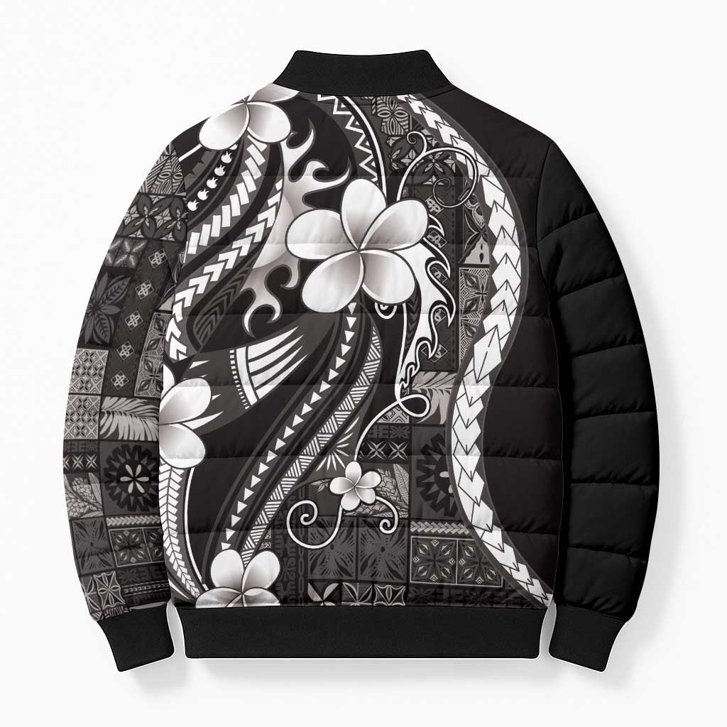 Samoa Siapo Tribal Pattern Bomber Puffer Jacket Black Polynesian Plumeria Tapa Motif