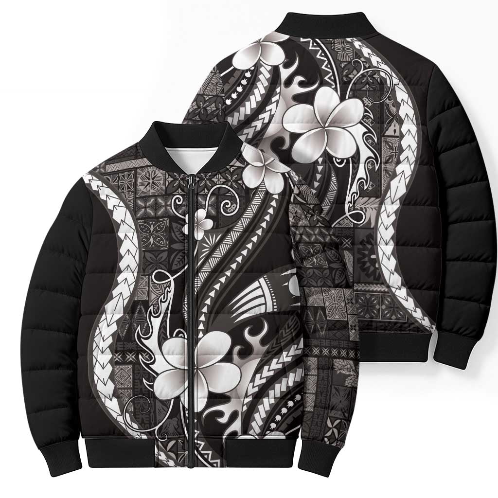 Samoa Siapo Tribal Pattern Bomber Puffer Jacket Black Polynesian Plumeria Tapa Motif