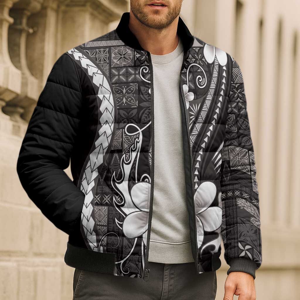 Samoa Siapo Tribal Pattern Bomber Puffer Jacket Black Polynesian Plumeria Tapa Motif
