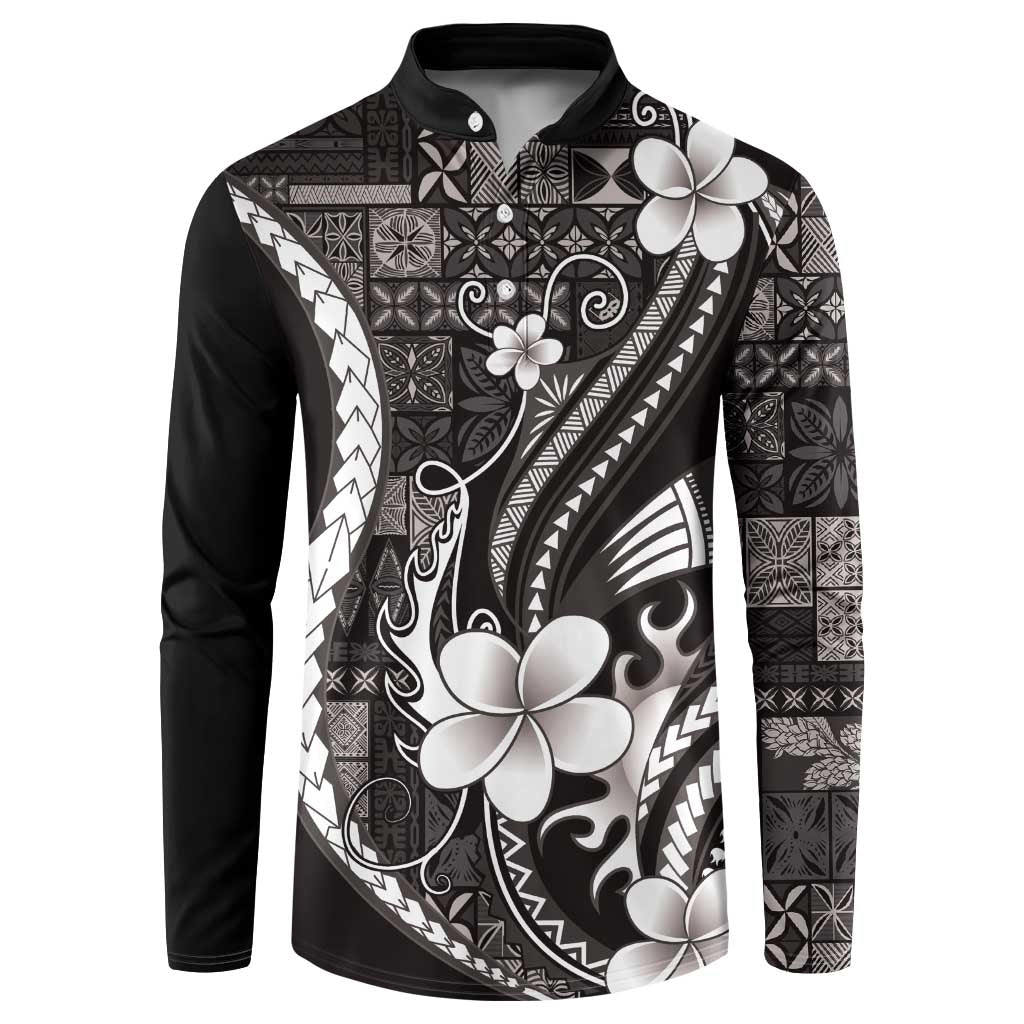 Samoa Siapo Tribal Pattern Button Sweatshirt Black Polynesian Plumeria Tapa Motif LT9 Black - Polynesian Pride