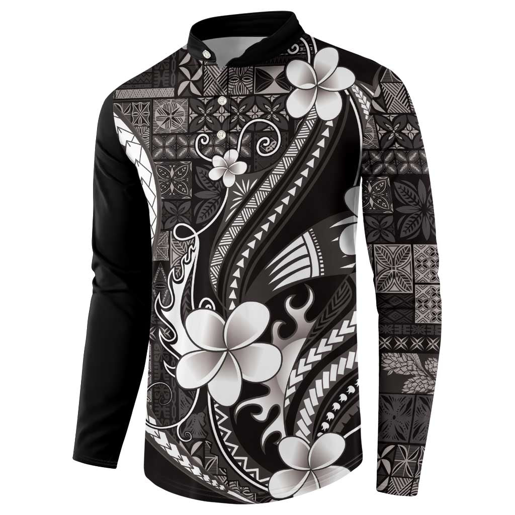 Samoa Siapo Tribal Pattern Button Sweatshirt Black Polynesian Plumeria Tapa Motif LT9 - Polynesian Pride